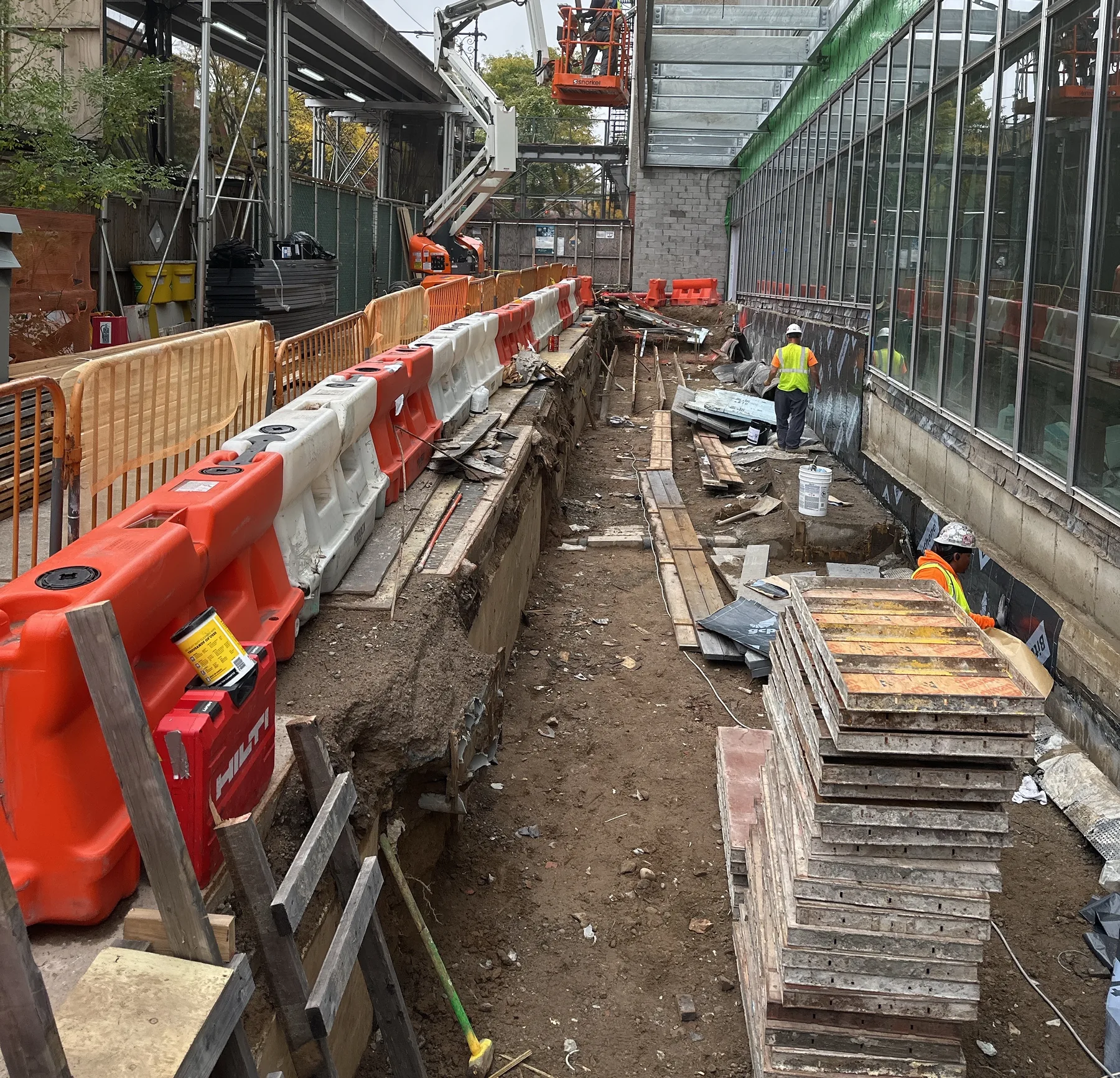 Commercial construction site with concrete access and structural preparation underway